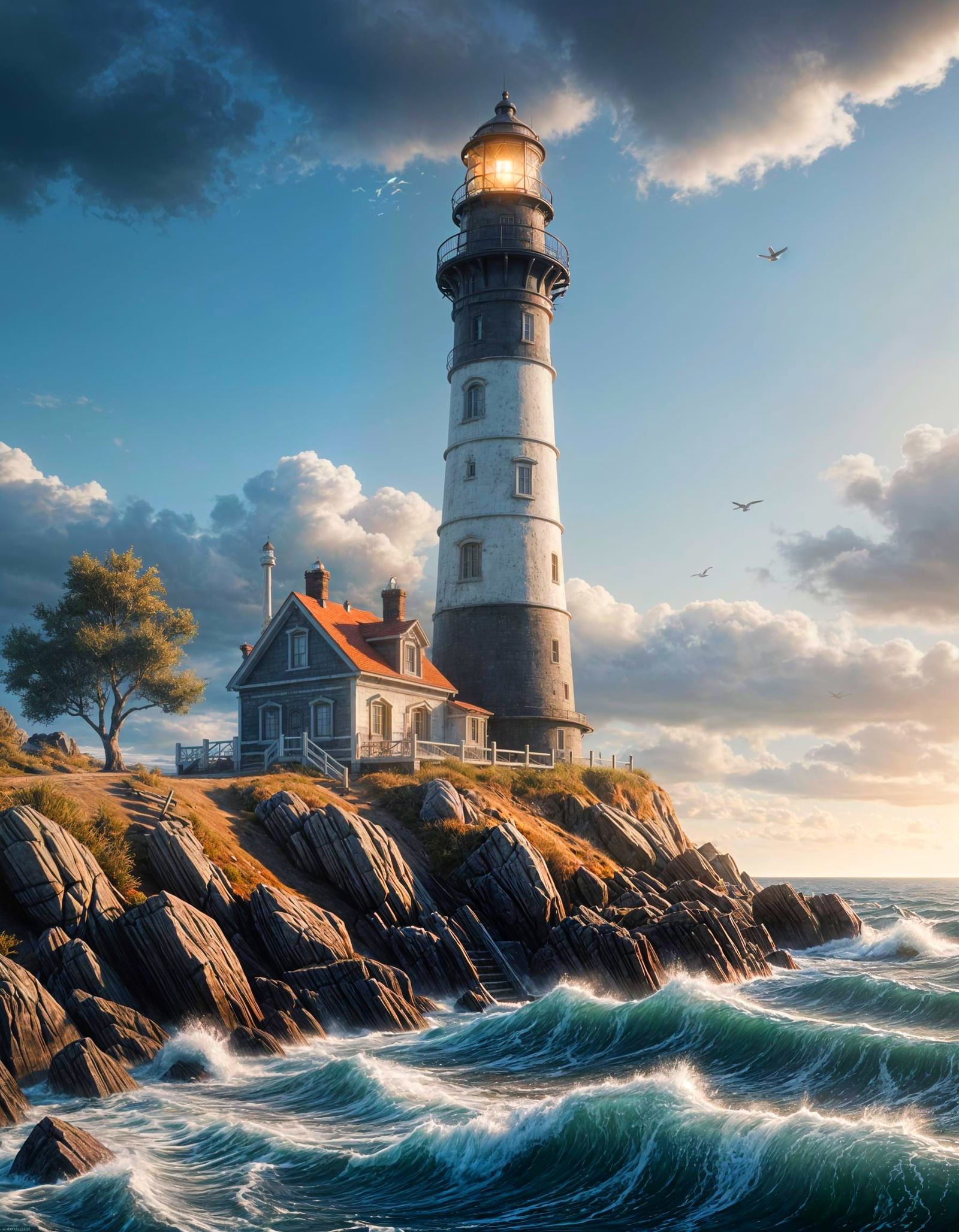 Hyperrealistic Seaside Lighthouse in Charcoal 3D Style