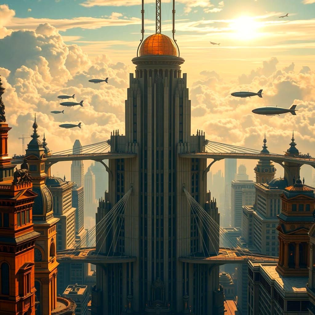 Epic Retrofuturist Metropolis with Towering Art-Deco Skyscra...