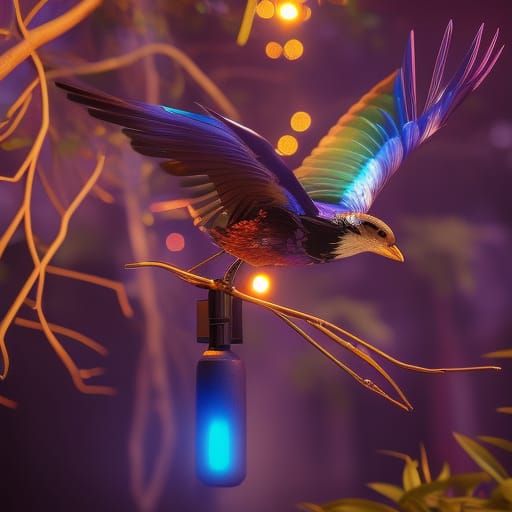 Ultrarealistic Thunderbird in Storm with Fairy Lights