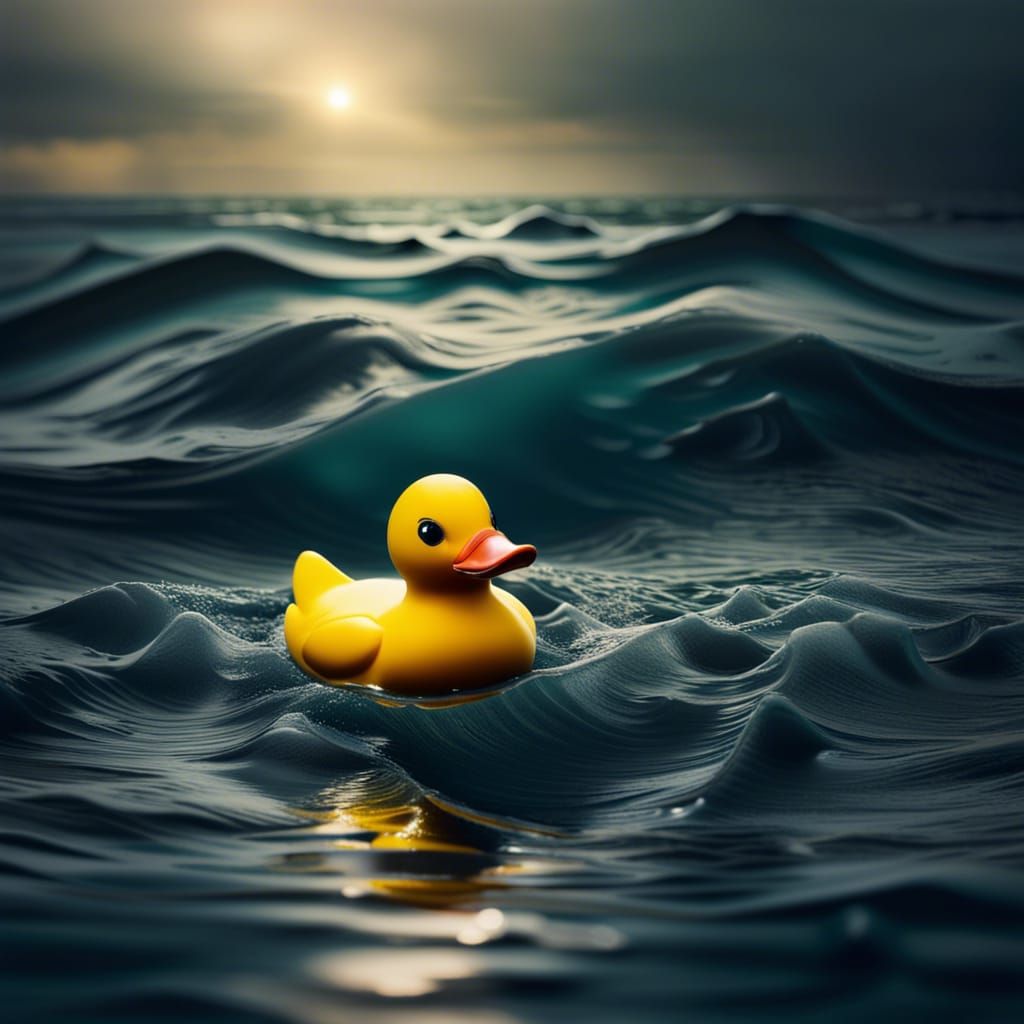 Hyperrealistic Rubber Duck in a Vast Ocean