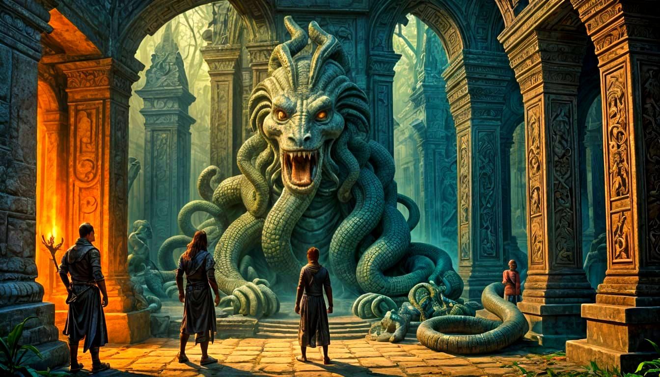 Lovecraftian Jungle Temple with Snake-Man Priest