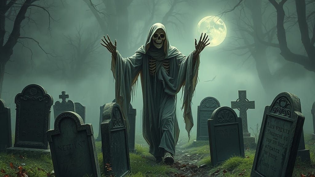 Ethereal Graveyard Encounter in a Haunting Moonlit Scene