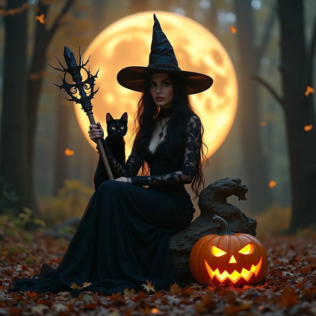 Beautiful Witch on Star Cluster in Dark Fantasy Style
