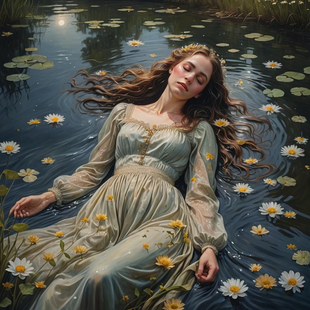Dreamy Woman Floats in Moonlit River: Oil Painting