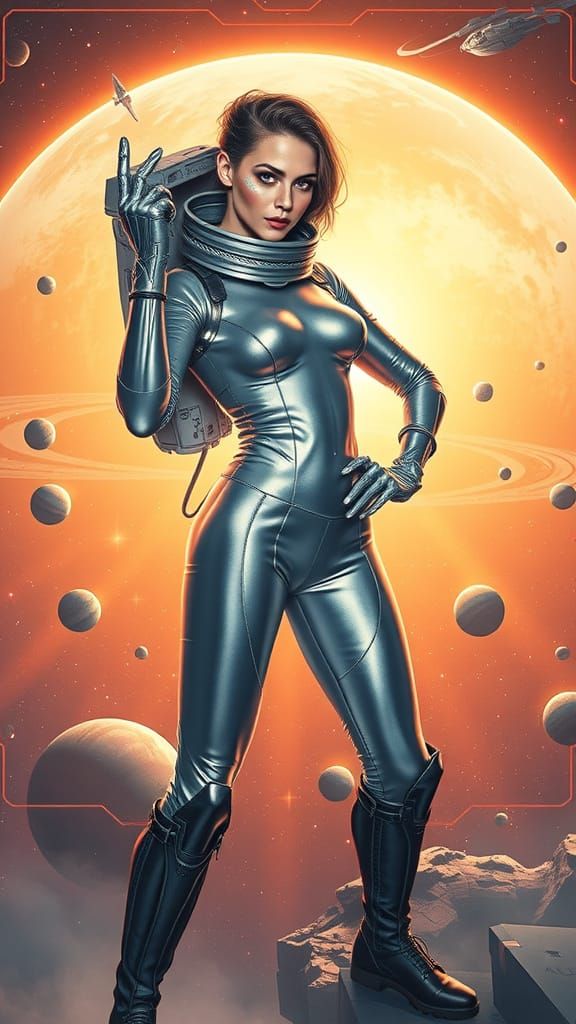 Heroic Space Woman in Metallic Futuristic Space Gear
