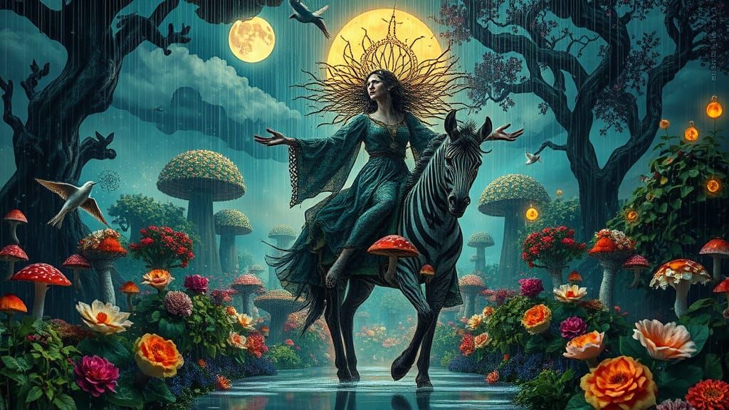 Surreal Goddess in Glitch Art Garden with Stardust Hair