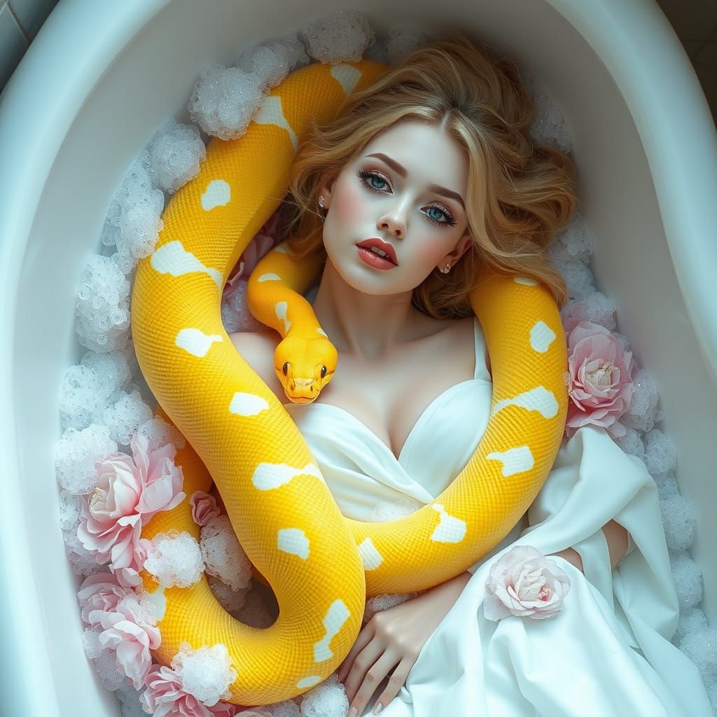 Surreal Woman in Enchanted Bath Scene with Albino Python