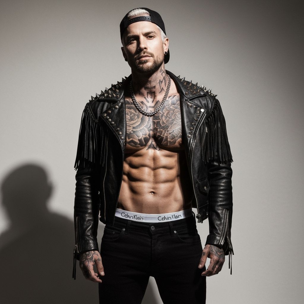 Confident Man with Tattoos and Leather Jacket