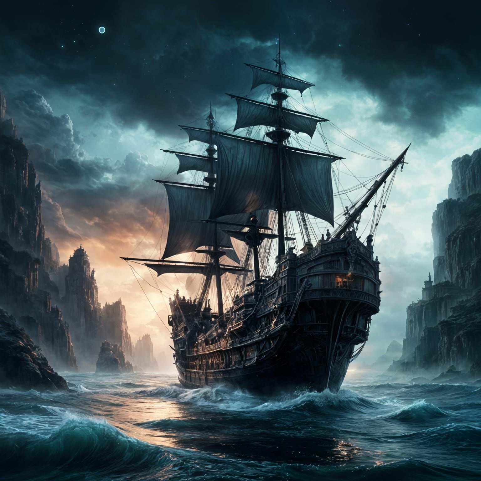 Ghostly Galleon Drifts Silently Across a Starlit Sea