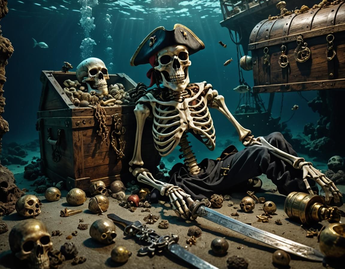 Underwater Pirate Skeleton in Shipwreck Scene