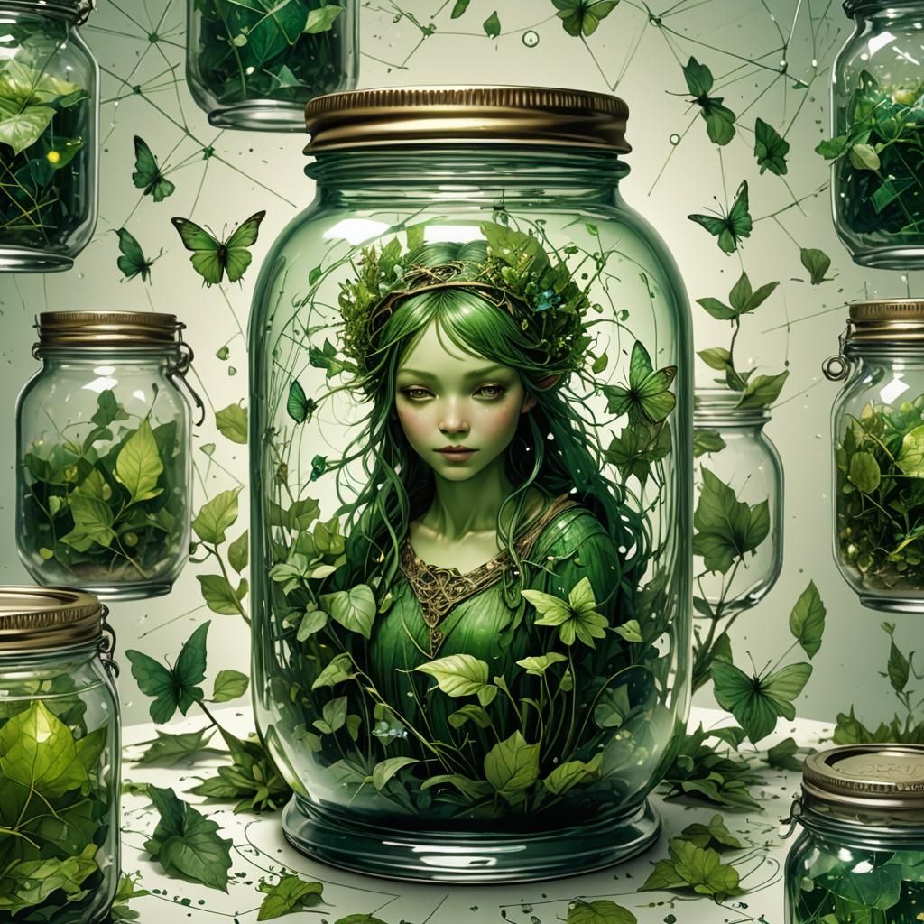 Green Fairy in Glittering Porcelain, Gouache Watercolor Art