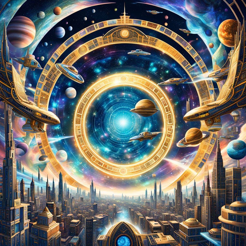 Ornate Gold Portal to a Futuristic City