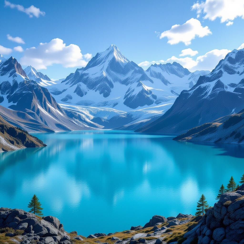 Tranquil Alpine Lake Surrounded by Snow-Dusted Peaks