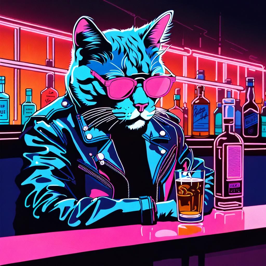 Biker Cat at 80s Bar in Neon Retro Illustration
