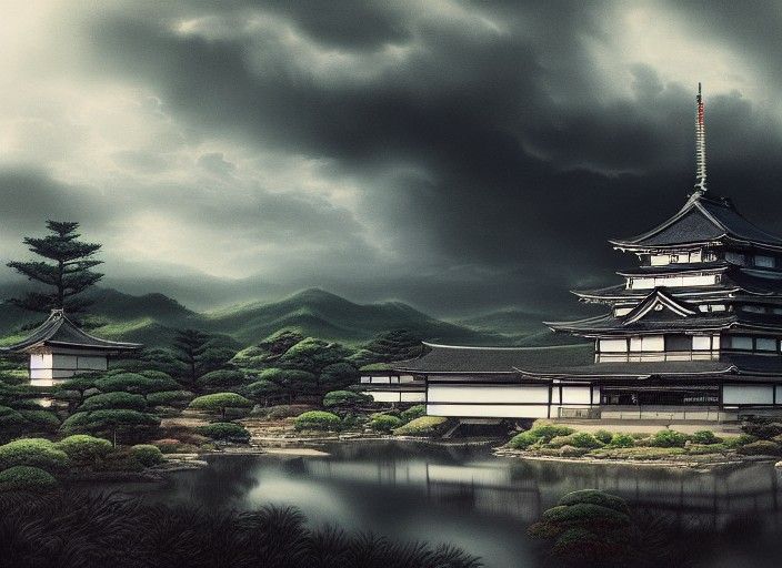Hyperdetailed Japanese Feudal Castle Landscape Art