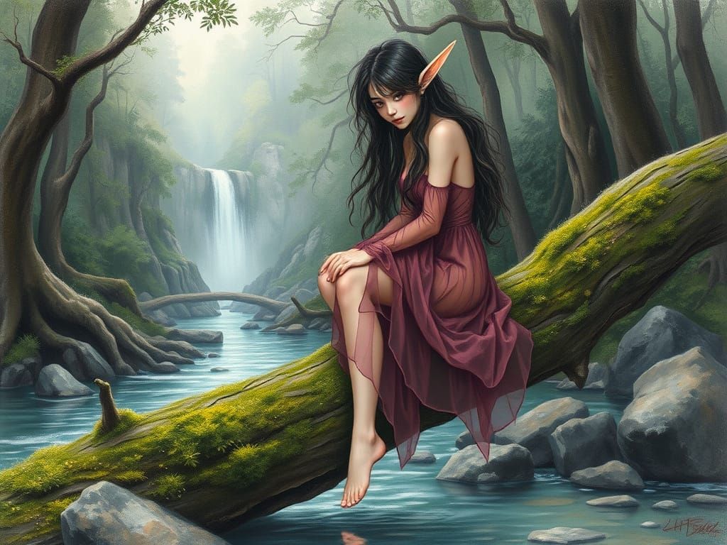 Elf in Mystical Forest, Charcoal Drawing