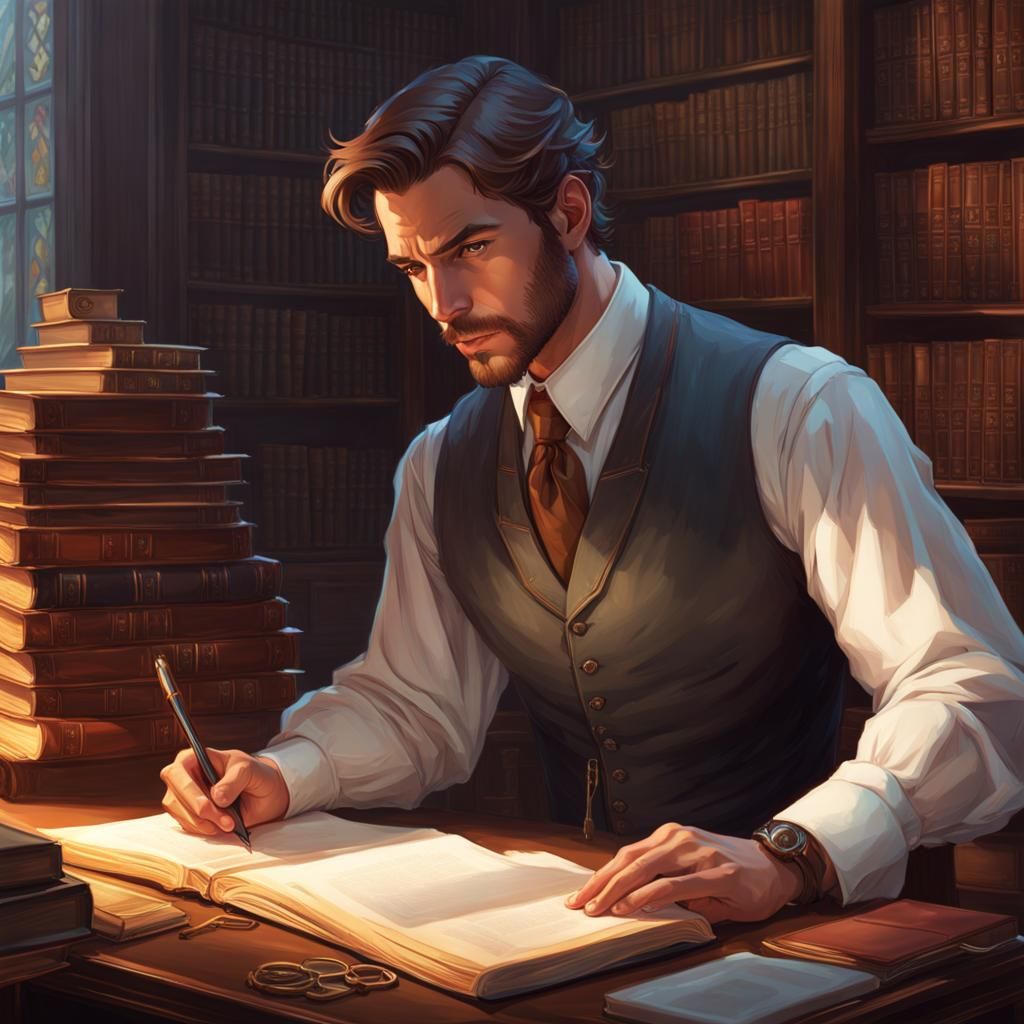 Thoughtful Scholar in Esoteric Library, Digital Art