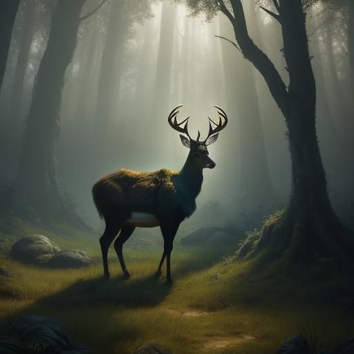 Tufted Deer Shimmers in Misty Forest