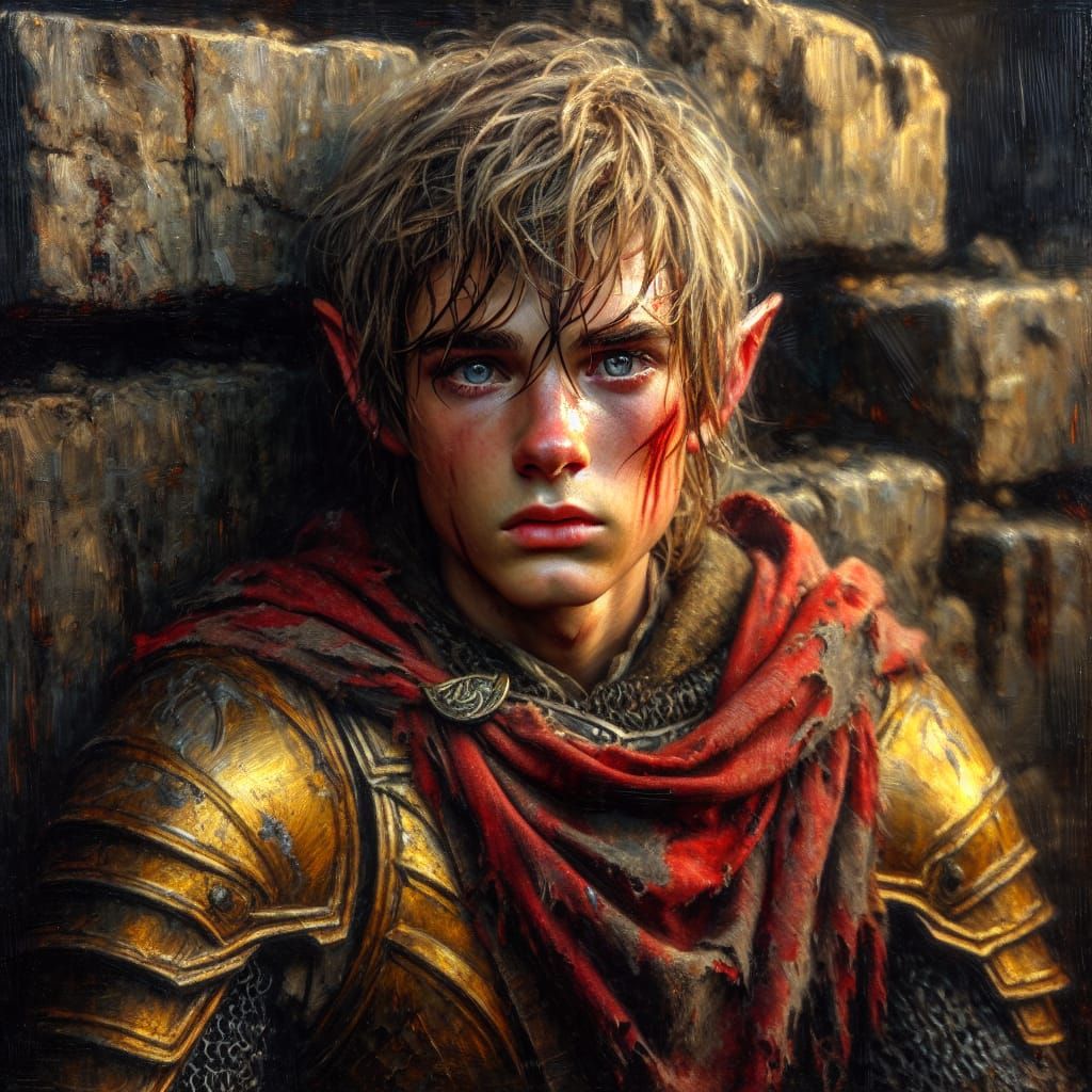 Weary Elf Warrior Amidst Ruins in Gritty Impasto Style