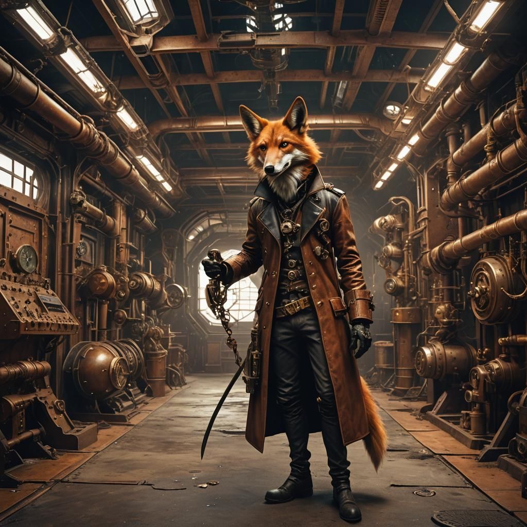 Steampunk Maned Wolf Space Cowboy in Abandoned Station
