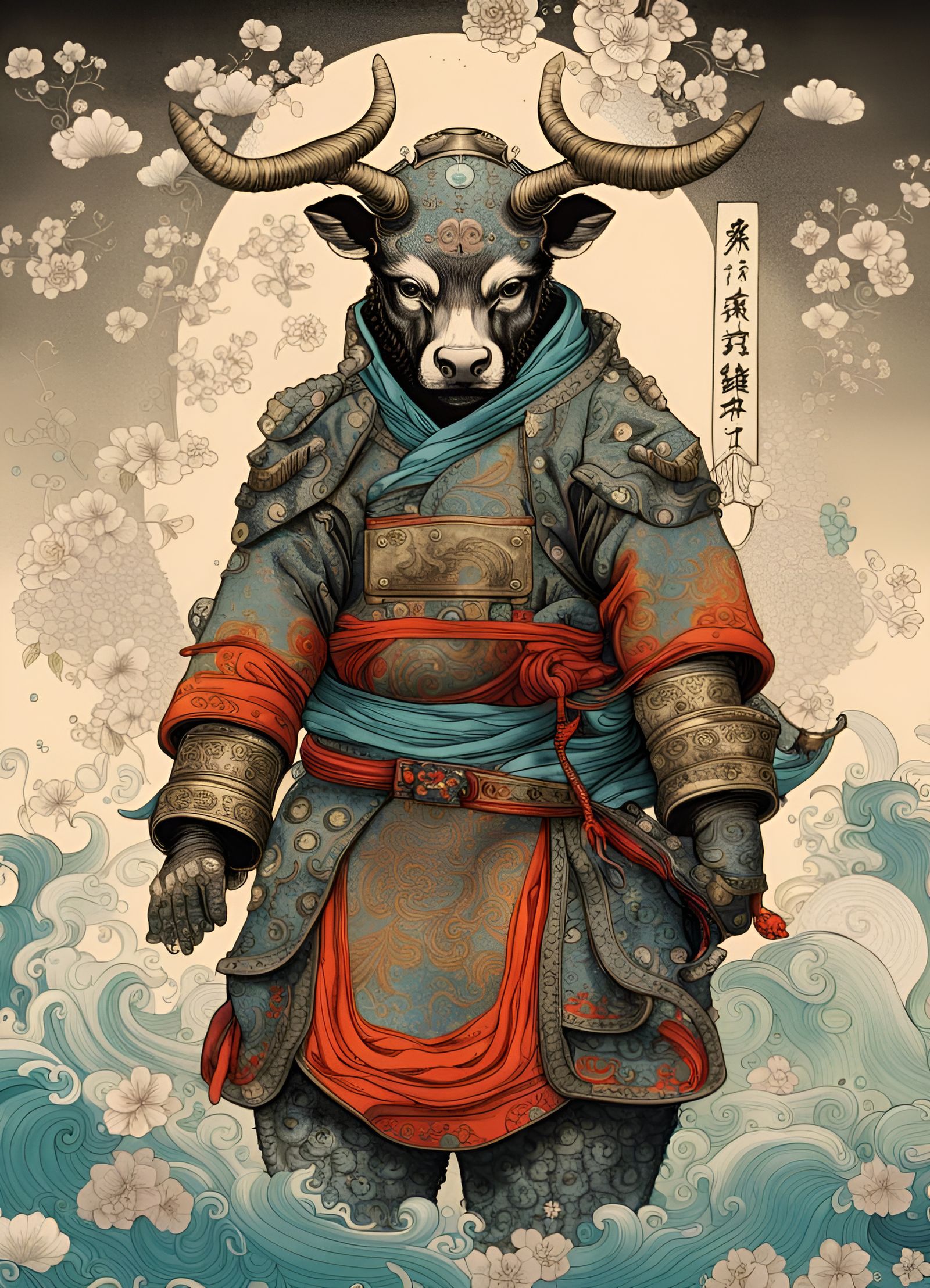 Futuristic Samurai Taurus in Chinoiserie Style