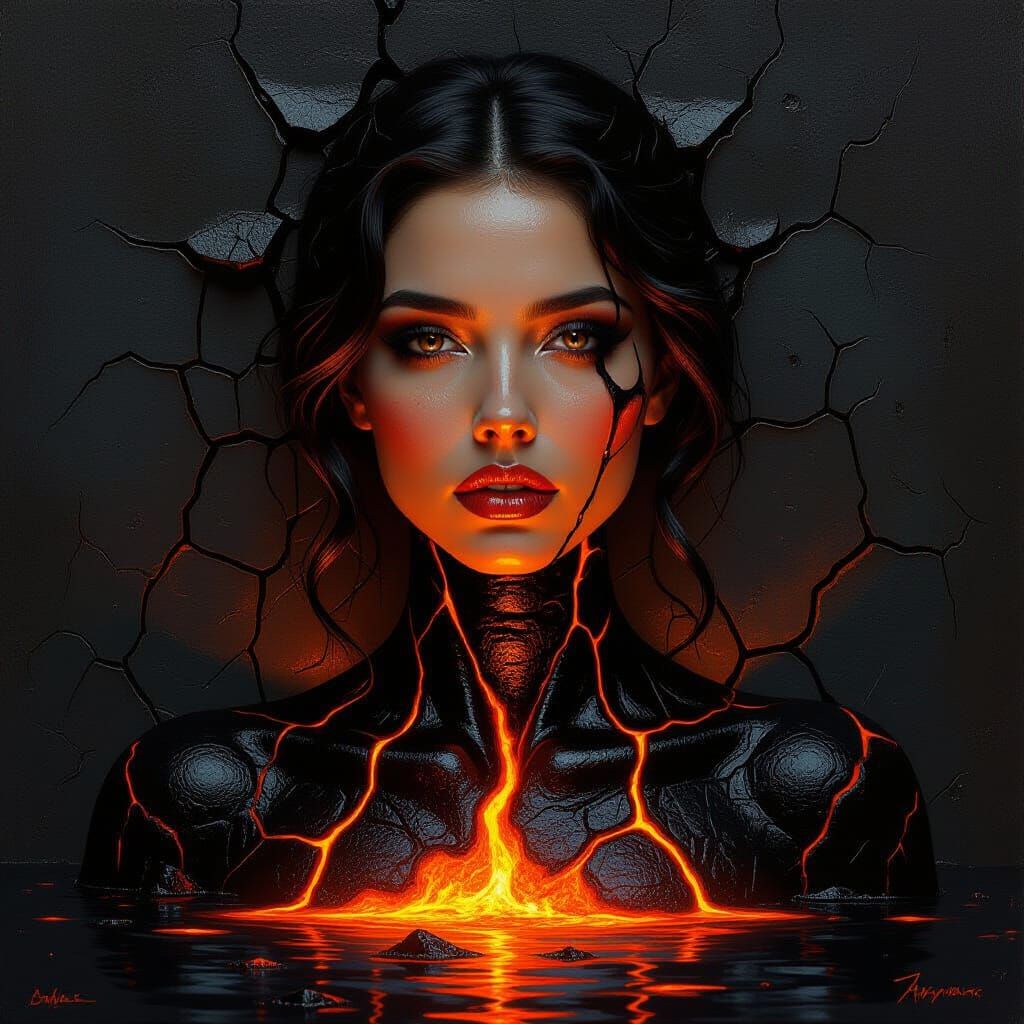 Surreal Woman Portrait With Molten Lava Face