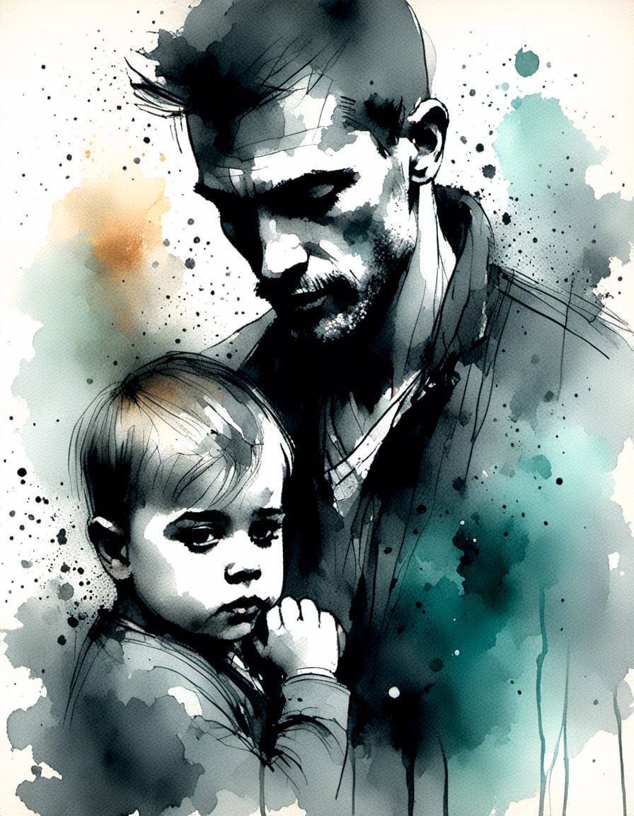 Charcoal and Ink Portrait of Father and Son