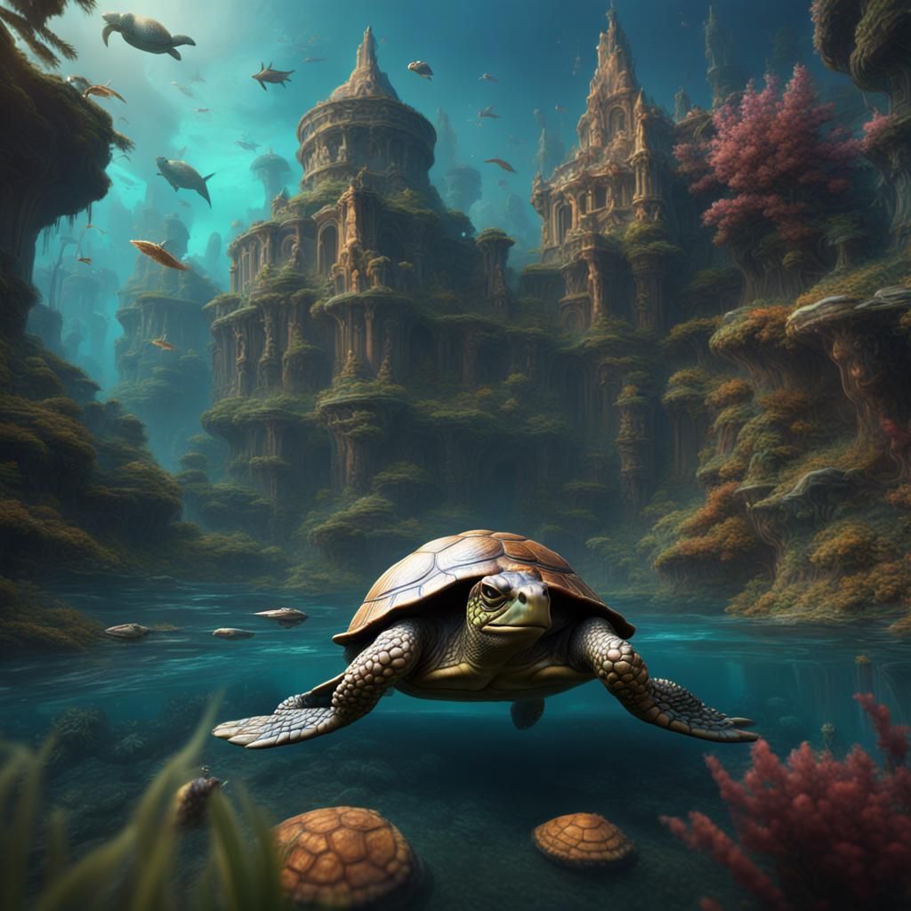Fantastical Turtle Party in Detailed Matte Painting Style