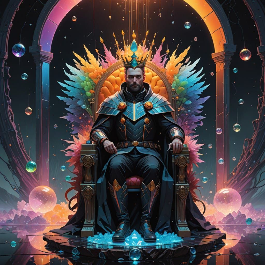 Whimsical Monarch in a Dreamlike Realm with Iridescent Orbs