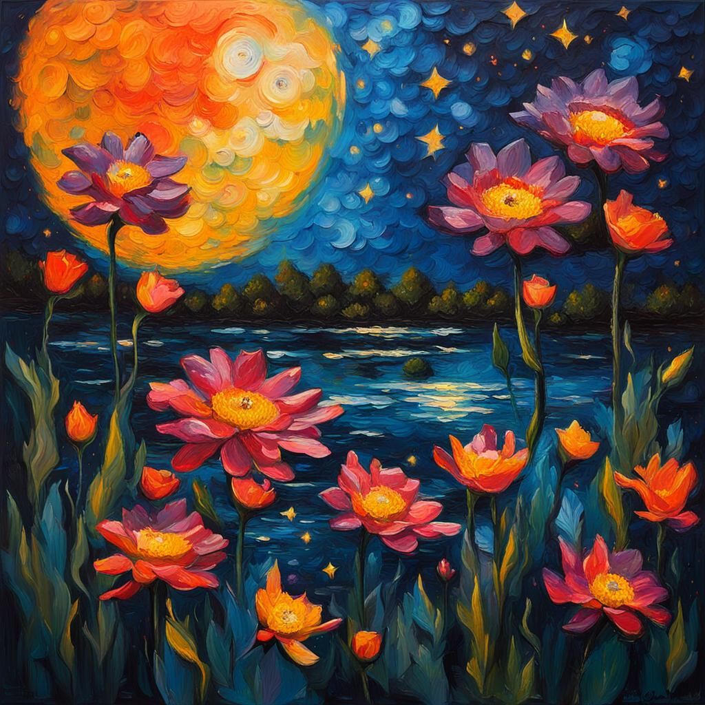 Blooming Flowers on Dark Lake: Expressionist Impasto Paintin...