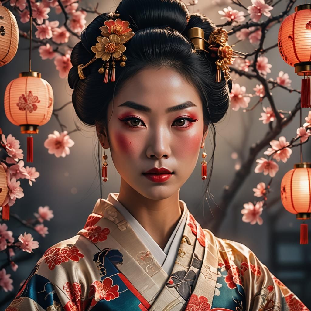 Blasian Geisha Portrait in Hyper-Realism Style