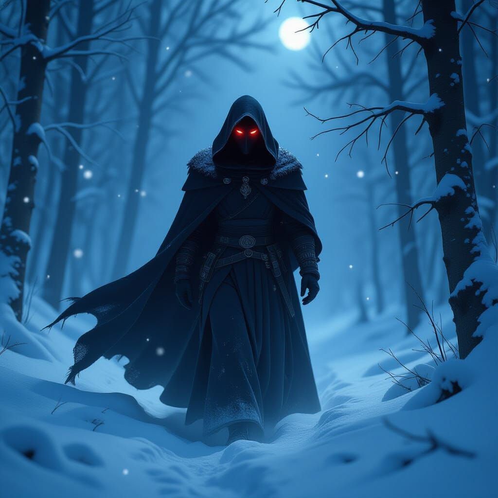 Dark Fantasy Cloaked Figure in Snowy Forest