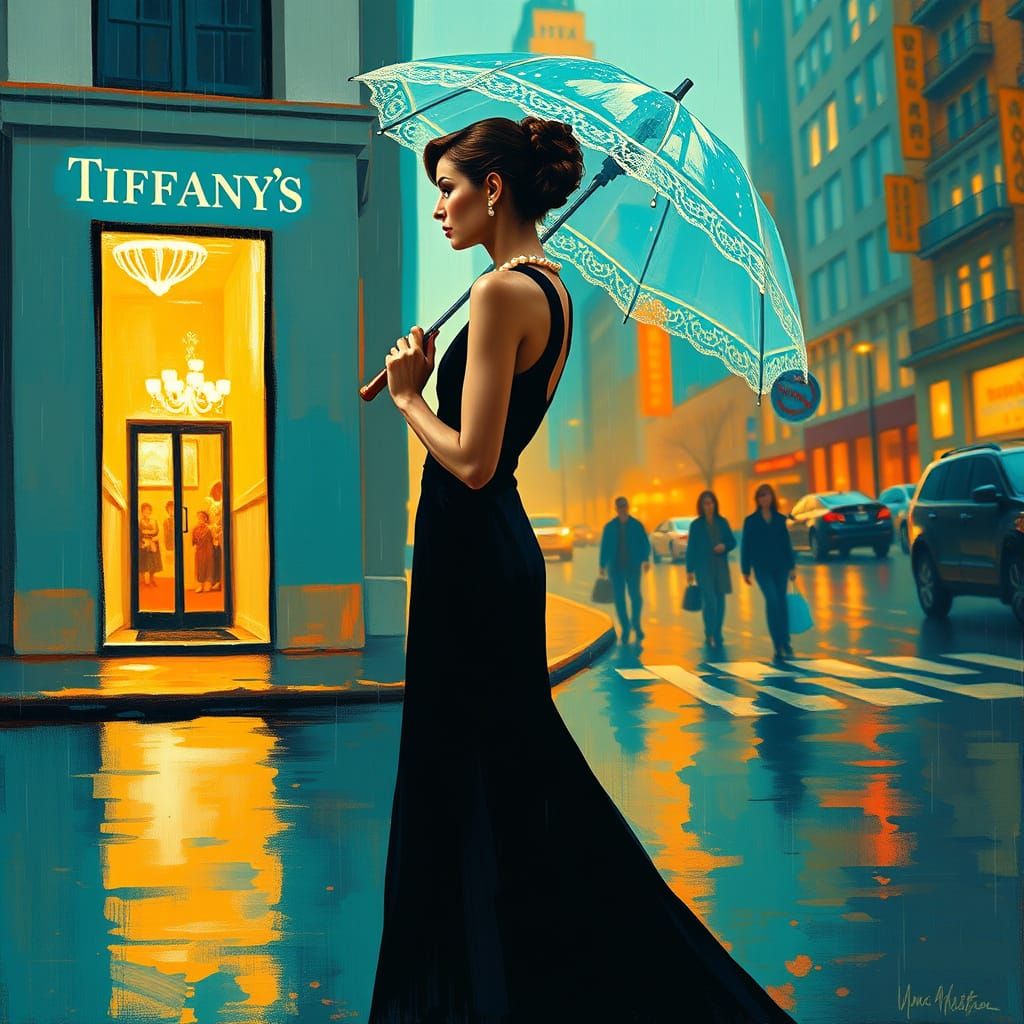 Ethereal Audrey Hepburn in Rainy City Streets, Inspired by M...