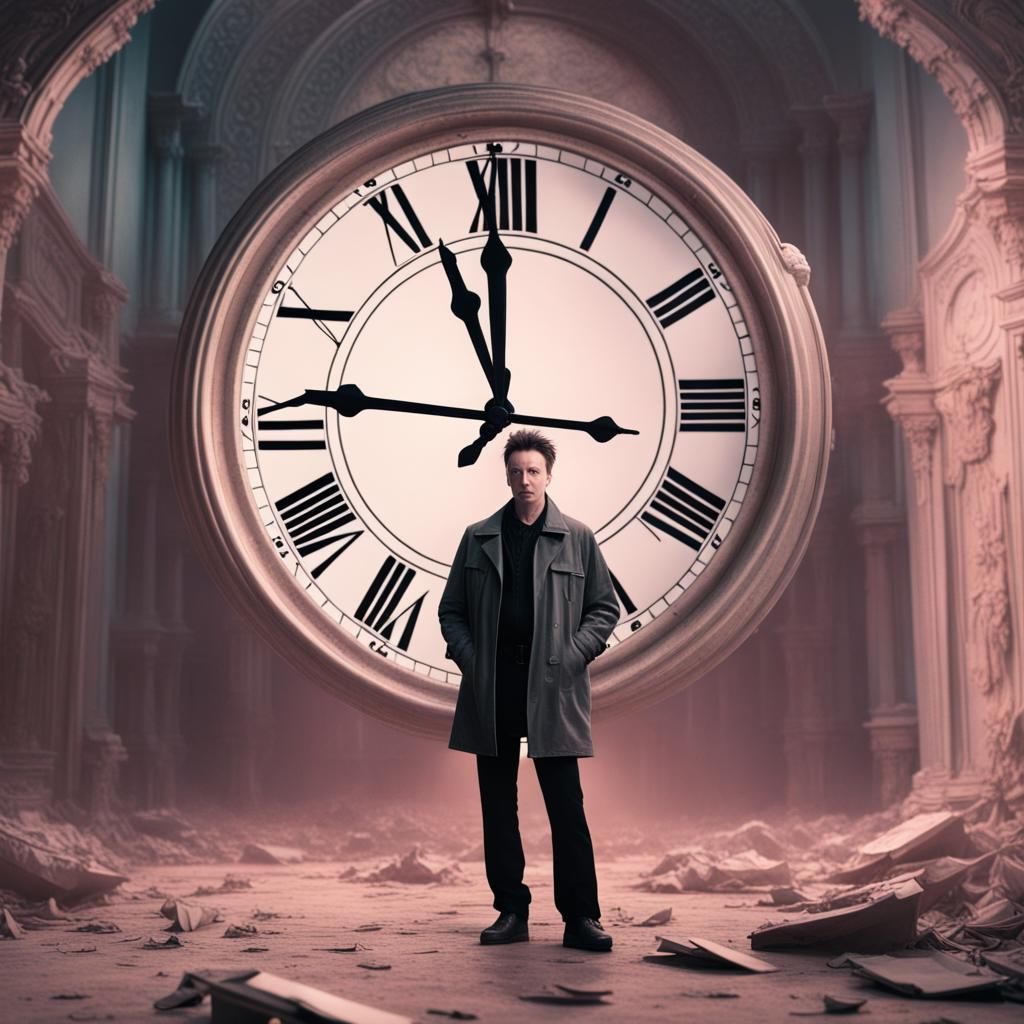 Young Man with Clock in Liminal Space