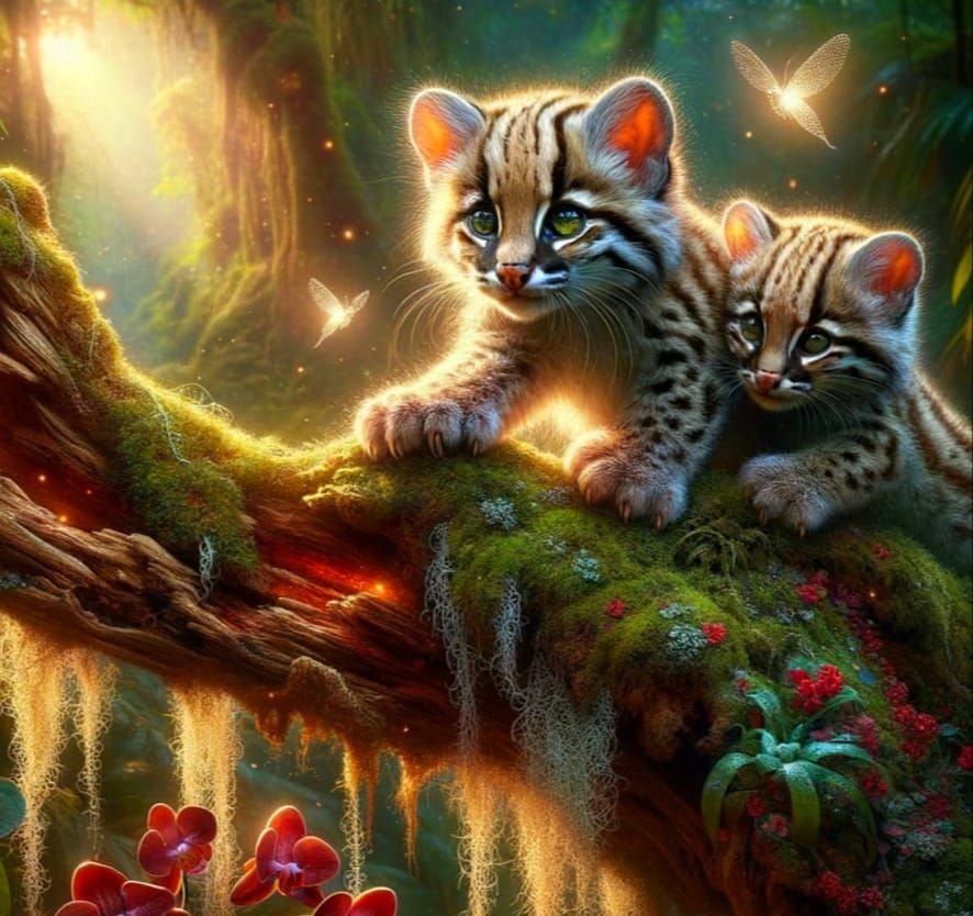 Ocelot Cubs Explore Jungle in Watercolor Oil Painting