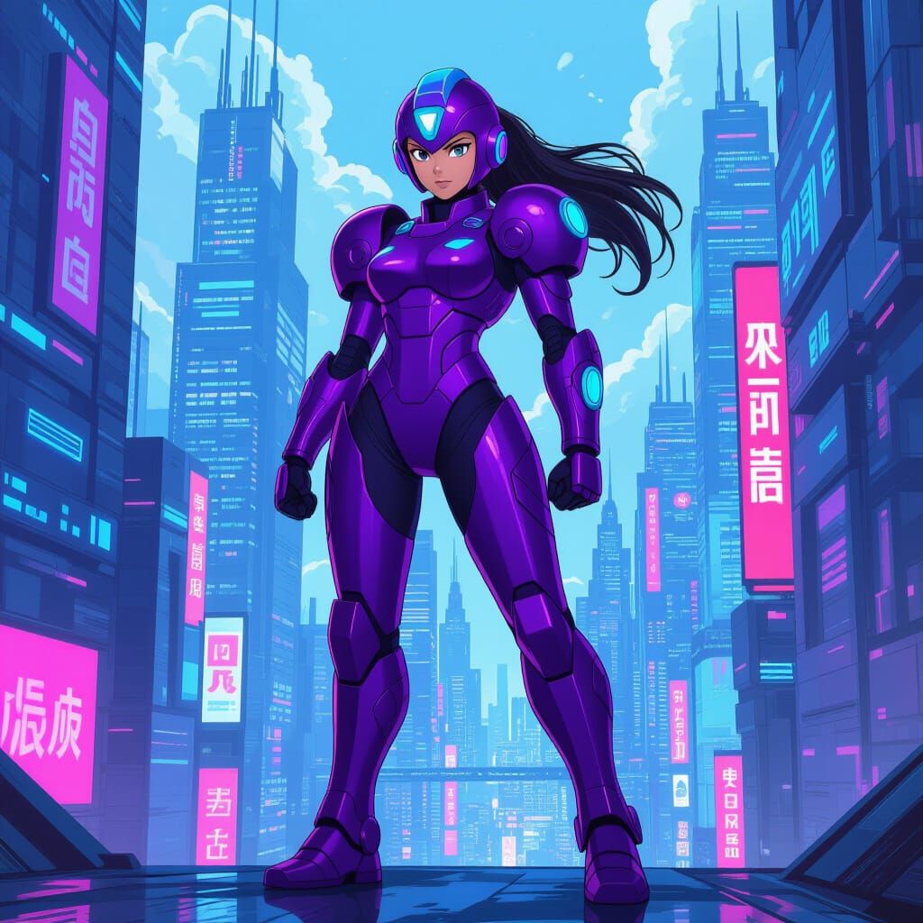 Indian Woman MegaMan in Futuristic Cityscape