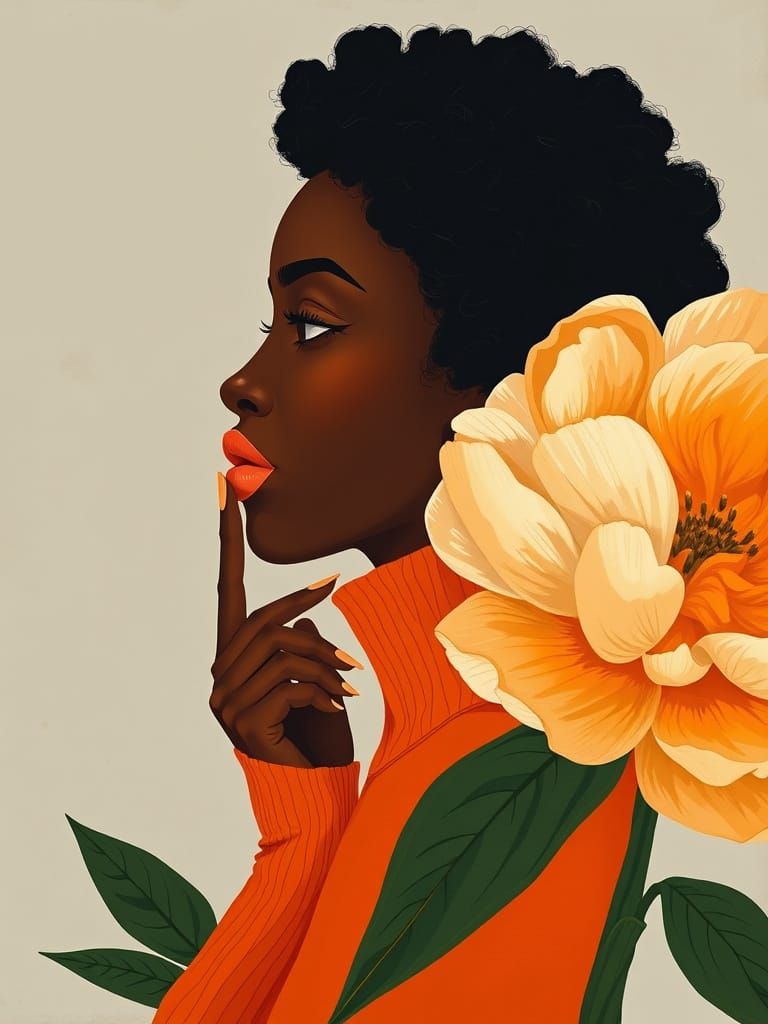 Woman in Profile with Flowers, Modern Art Portrait