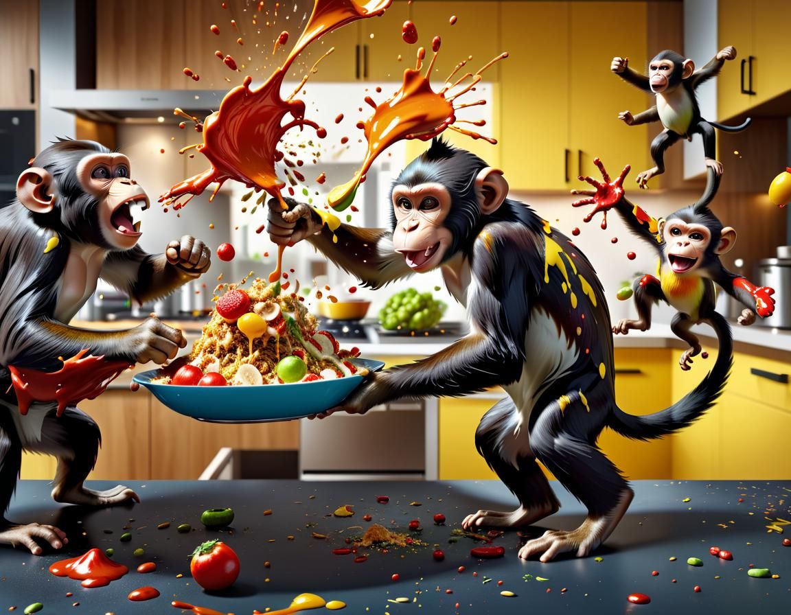Hyperrealistic Monkey Family Food Fight Mayhem