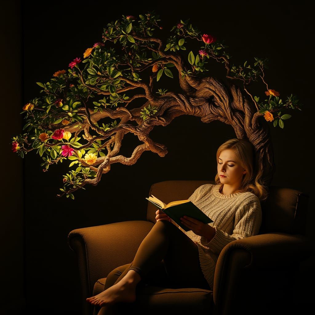 Woman Reading by Bonsai Lamp, Hyperrealistic Art
