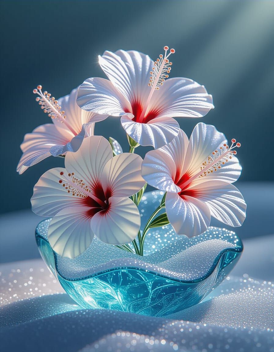 Crystal Hibiscus Flowers Sculpture in Sea Glass