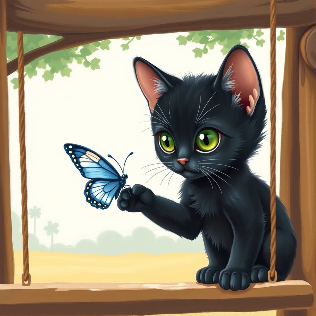 Adorable Black Kitten with Butterfly on Swing Oil Painting