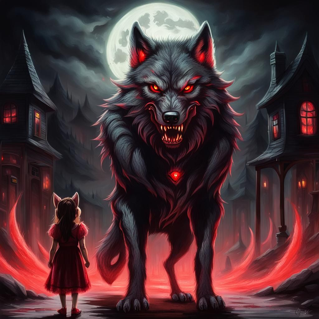 Dark Wolf Demon and Girl in Chalk Art