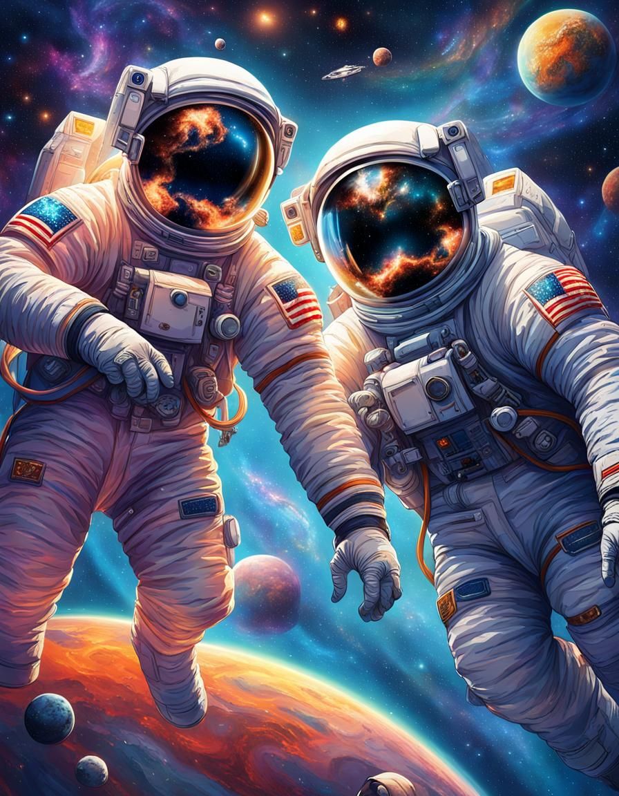 Astronauts in Space: A Colorful Galaxy Illustration