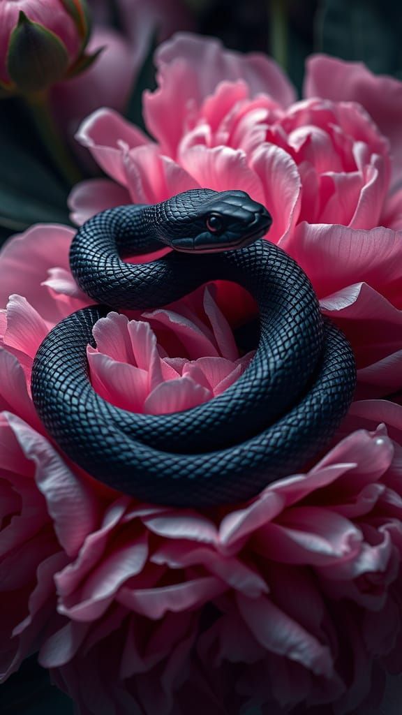 Black Snake Coiled Among Lush Peonies
