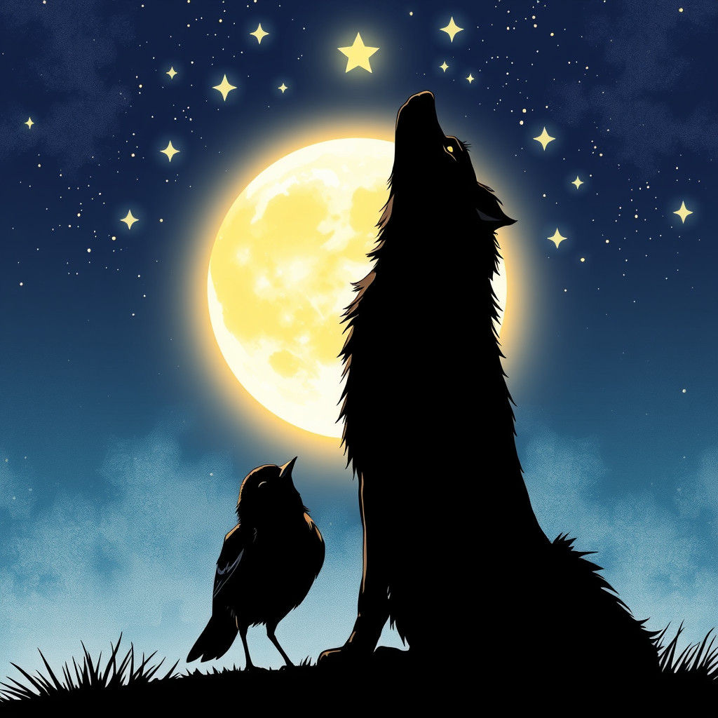Sparrow and Wolf Gaze at Moon in Manga Style