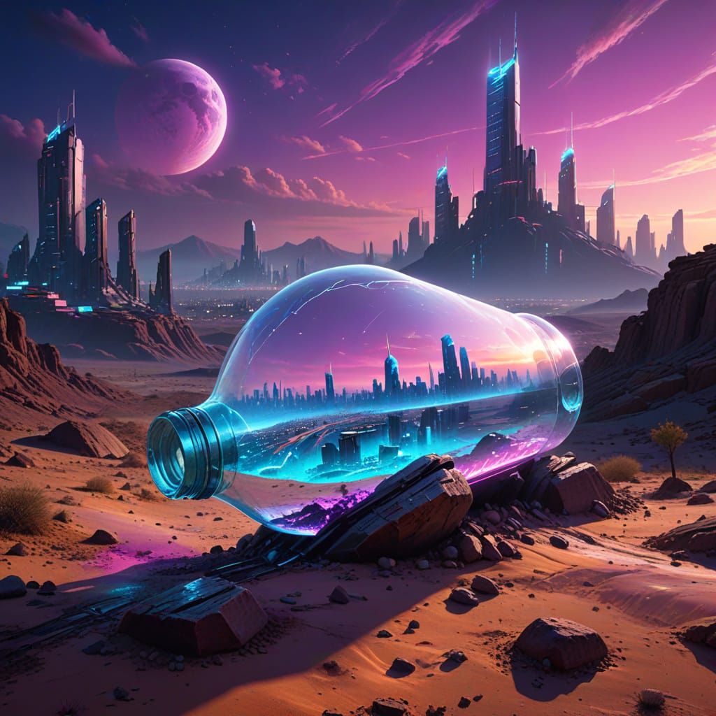 Cyberpunk City Glows Inside Giant Bottle in Endless Desert