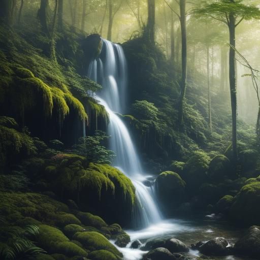 Waterfall in Forest Clearing as Oil Painting