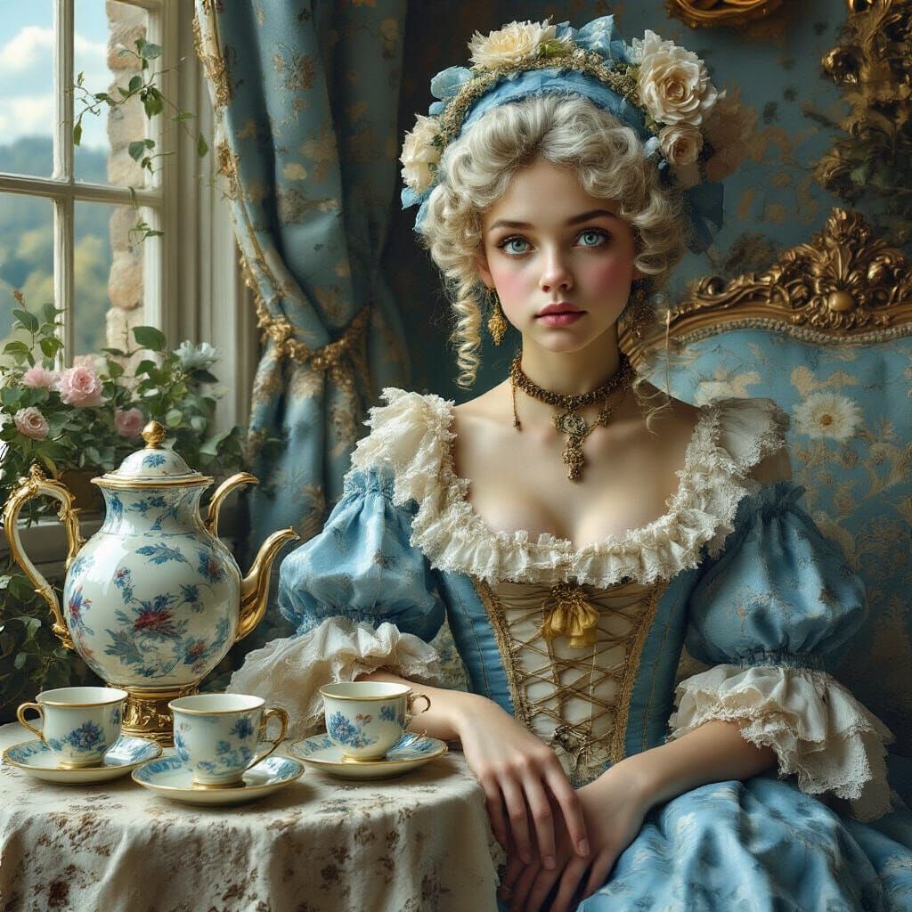 Rococo Woman with Blue Hair Having Coffee