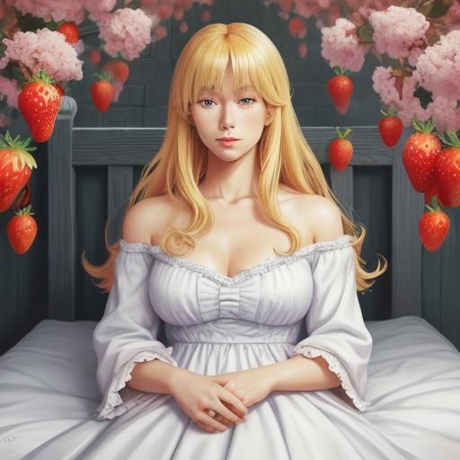 Hyperrealistic Blonde Woman in Strawberry Fields - Anime Art