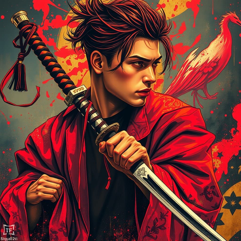 Striking Man with Katana in Art Nouveau Style